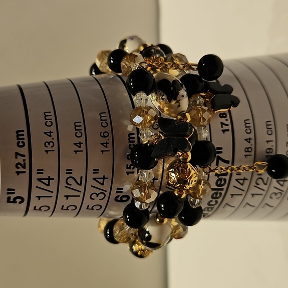 3 Black & White & Goldtone Glass & Crystal Beaded Stretch Bracelet Set - Picture 8 of 9